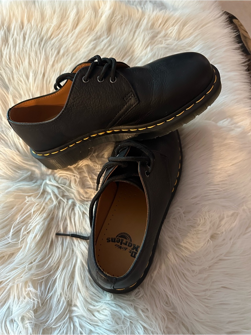 Dr. Martens Black Leather Lace-Up Oxfords with Yellow Stitching